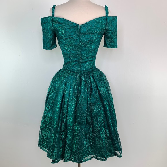 Vintage Gunne Sax Jessica McClintock fit & flare emerald green lace prom dress - Picture 3 of 12